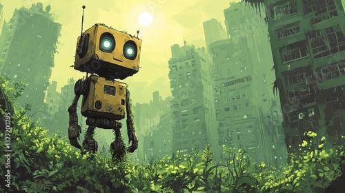 A small yellow robot stands amid overgrown city ruins