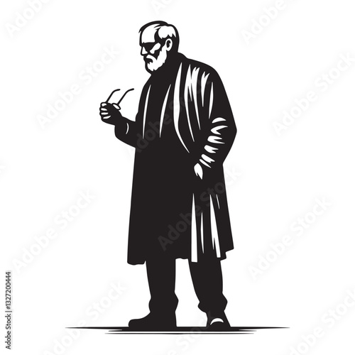 Aged Scholar Oldman Holding Glasses silhouette, reflecting years of wisdom - Oldman illustration - Minimalist Oldman vector - Intellectual elder

