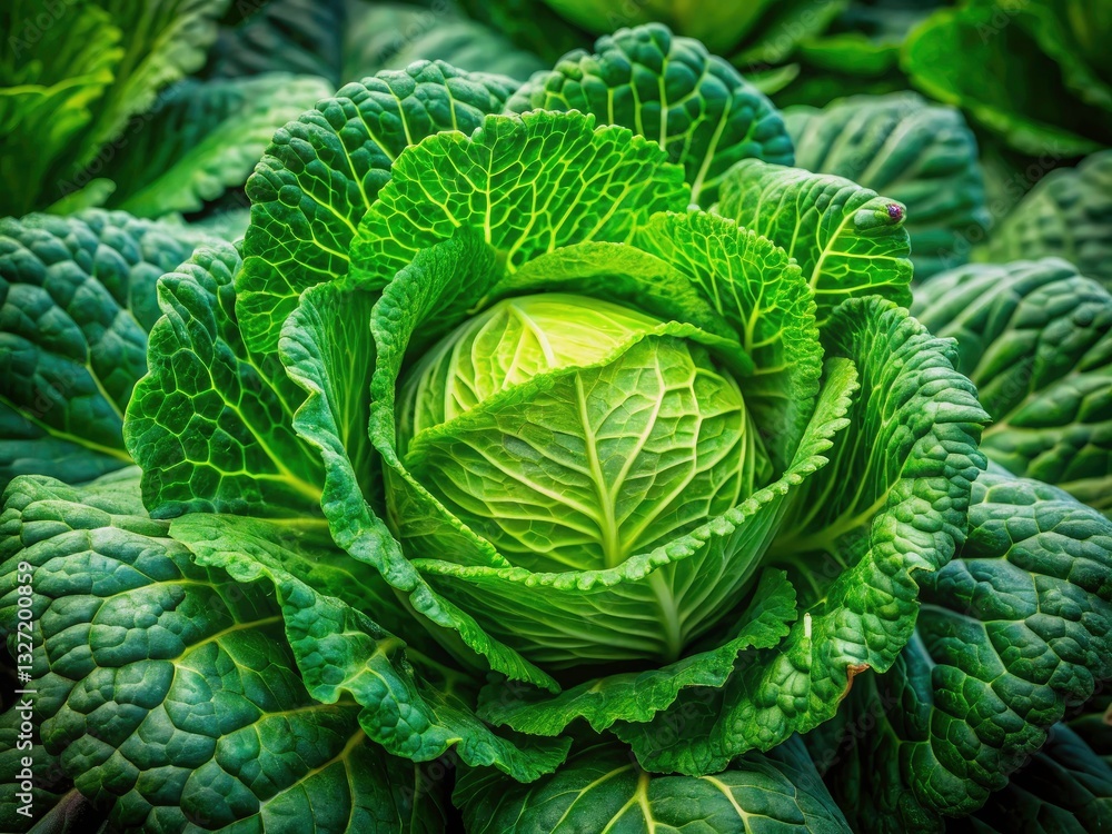 Obraz premium Vibrant Green Cabbage, Fresh Vegetable, Leafy Greens, Organic Produce, Farm Fresh Cabbage, Healthy Food Photography, Cabbage Texture, Natural Beauty, Food Image