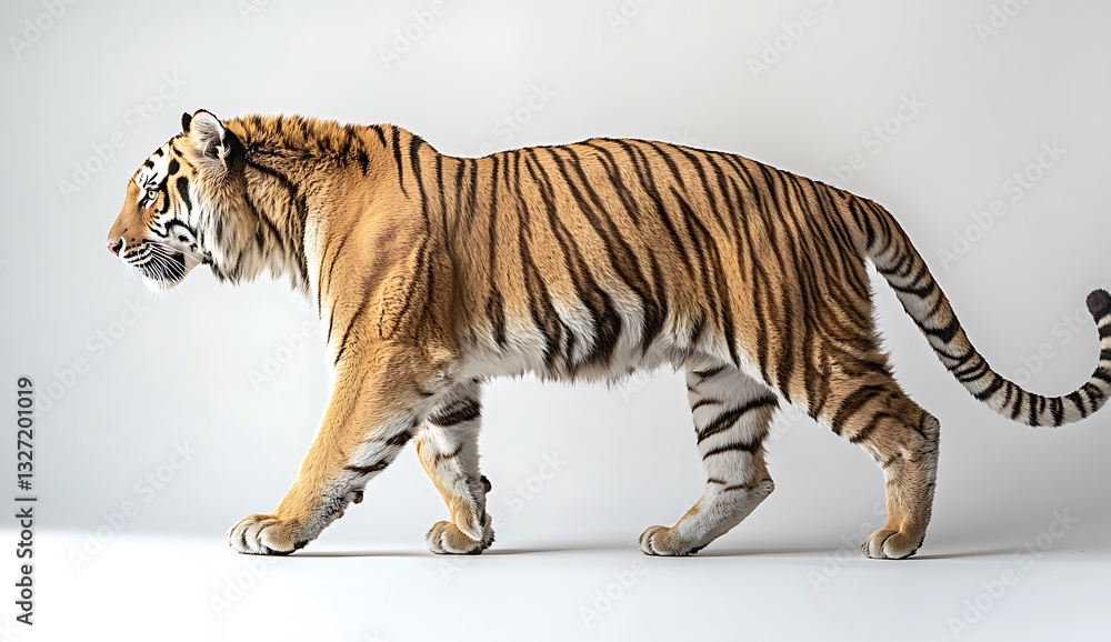 Obraz premium Adult Tiger Walking in Side View on a Plain Background