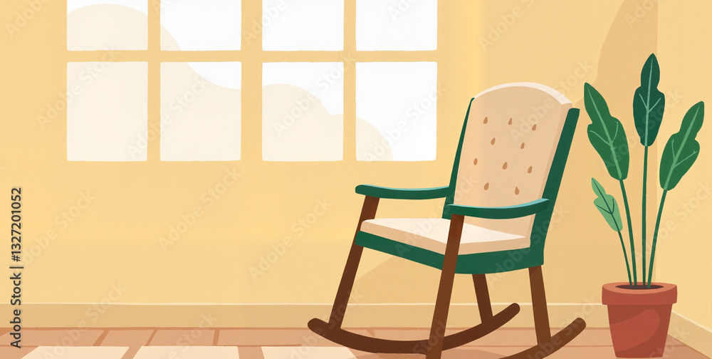 Fototapeta premium Cozy green rocking chair in sunny living room corner, serene comfort