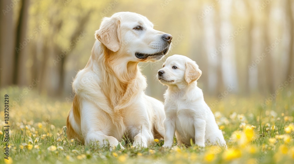 Heartwarming Portrait of a Golden Retriever and Puppy Enjoying a Spring Stroll Through a Blooming Meadow Heartwarming Portrait of a Golden Retriever and Puppy Enjoying a Spring Stroll Through a Blooming Meadow