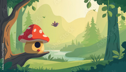 Whimsical ceramic mushroom birdhouse in forest, nature's charm