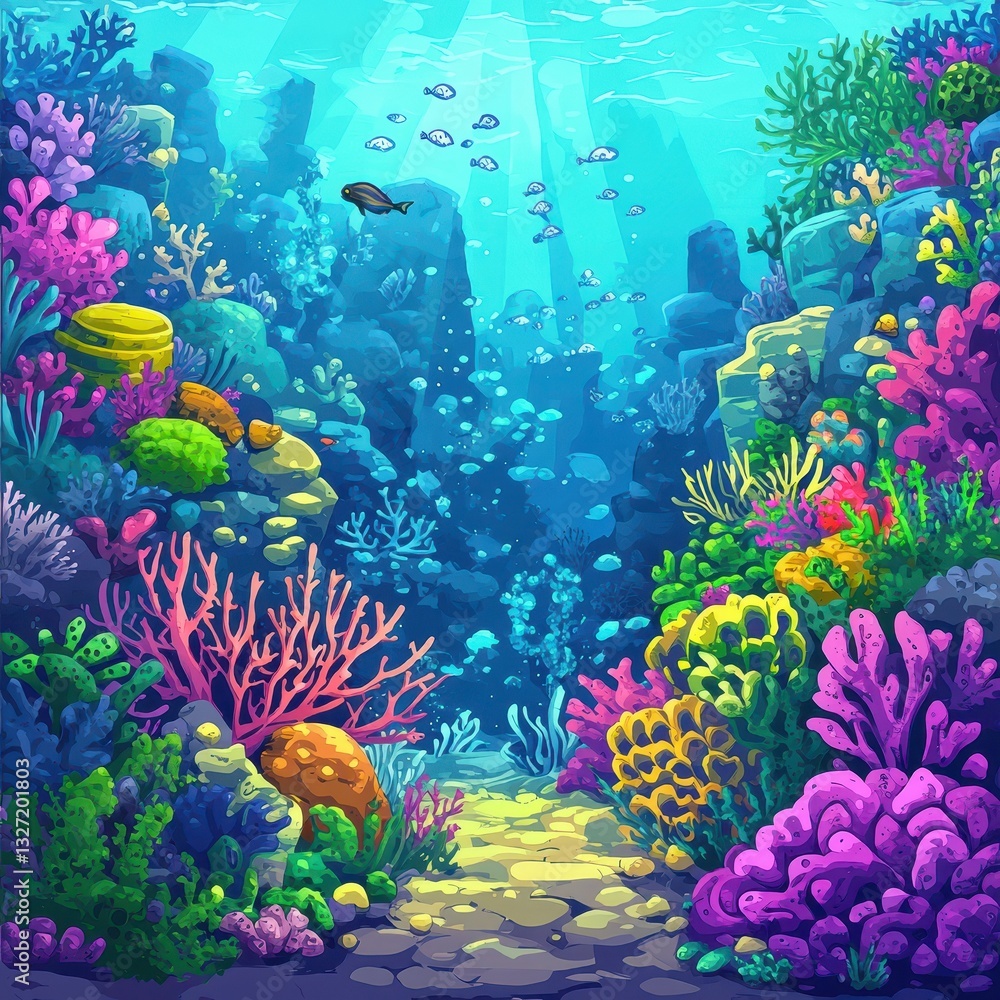 Naklejka premium A vibrant depiction of underwater life in the ocean depths