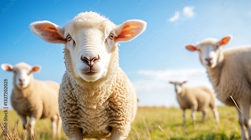 Charming sheep enjoying a sunny day in an open field under a bright blue sky : Generative AI Charming sheep enjoying a sunny day in an open field under a bright blue sky : Generative AI