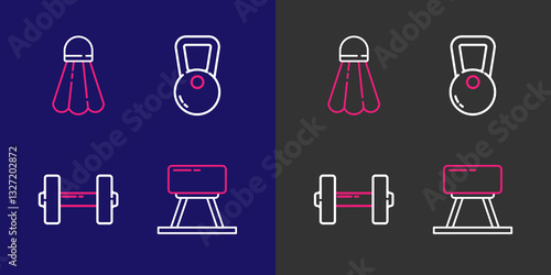Set line Pommel horse, Dumbbell, Kettlebell and Badminton shuttlecock icon. Vector