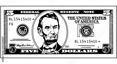 Vector black and white banknote of United States of America. Front side. Denominations of bill 5 dollars. Symbol of American paper money. Isolated vector.