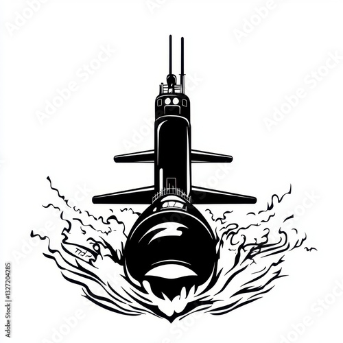 Black and White Submarine Illustration Naval Vessel in Motion