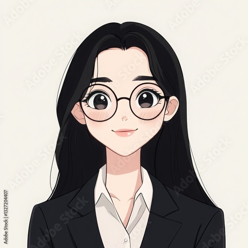 Smart and Stylish Professional Portrait: An elegant illustration of a woman, exuding confidence and intelligence. She is the epitome of sophistication with her glasses and dark suit.