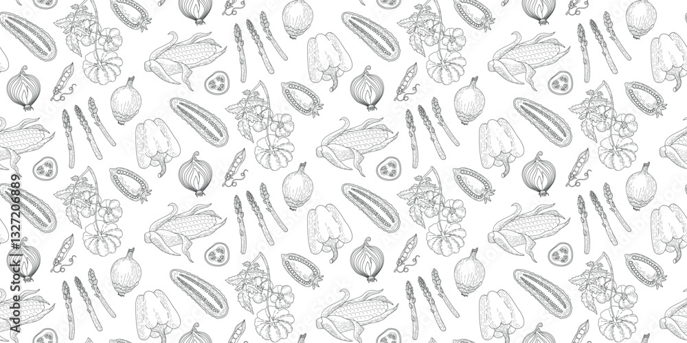 A pattern of vegetables. Proper nutrition, organic products.Seamless monochrome black and white background of tomatoes, onions, peppers, beans, cucumbers, corn, asparagus. A pattern of vegetables. Proper nutrition, organic products.Seamless monochrome black and white background of tomatoes, onions, peppers, beans, cucumbers, corn, asparagus.