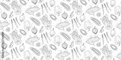 A pattern of vegetables. Proper nutrition, organic products.Seamless monochrome black and white background of tomatoes, onions, peppers, beans, cucumbers, corn, asparagus. 
