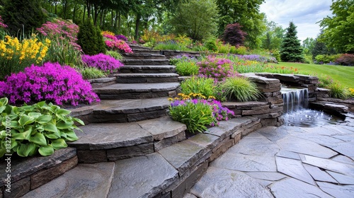 Tiered terraced garden with stone retaining walls, colorful flowers, and cascading water features, vibrant and structured landscape