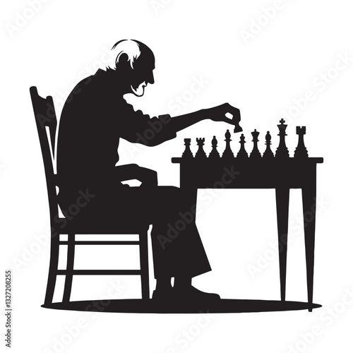 Patient Strategist Old Man Playing Chess silhouette, making his move with care - Old Man illustration - Minimalist Old Man vector - Thoughtful opponent
