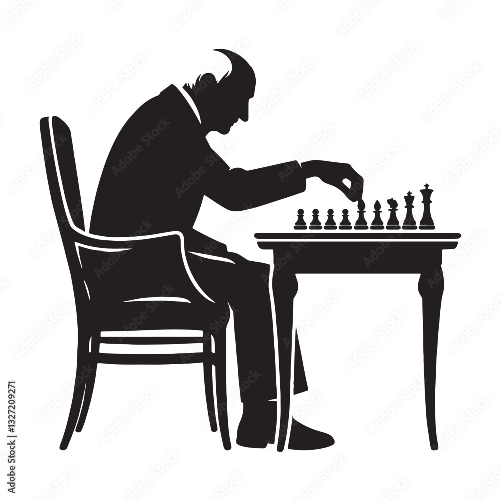 Fototapeta premium Grandfatherly Old Man Playing Chess silhouette, teaching the next generation - Old Man illustration - Minimalist Old Man vector - Wise mentor 