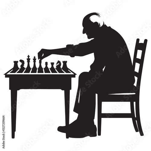 Wise Old Man Playing Chess silhouette, a lifetime of strategy and patience - Old Man illustration - Minimalist Old Man vector - Chess master
