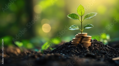 Wallpaper Mural Young plant growing from coins in the earth; nature background; concept of investment, sustainability, or growth Torontodigital.ca