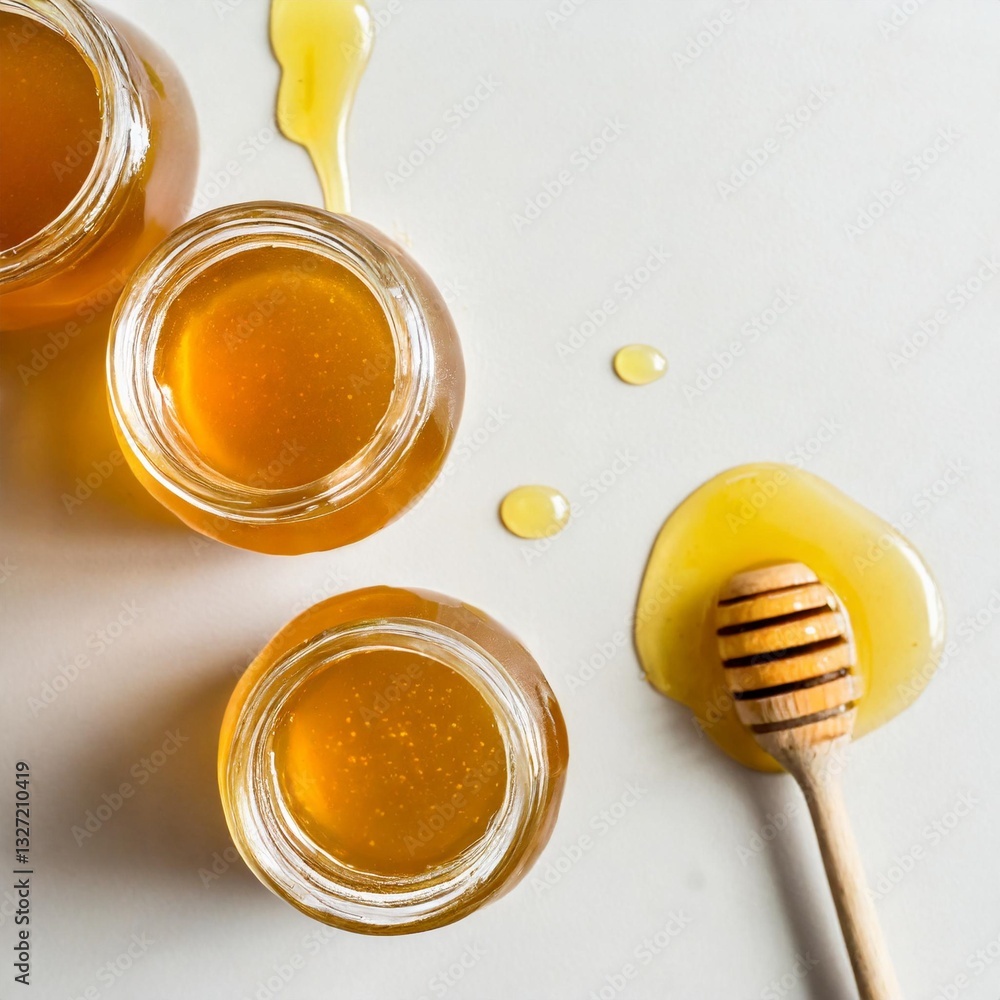 Top View of Honey Jars and Wooden Dippers with Honey Spill, Splash, and Drops Isolated on White Background Top View of Honey Jars and Wooden Dippers with Honey Spill, Splash, and Drops Isolated on White Background