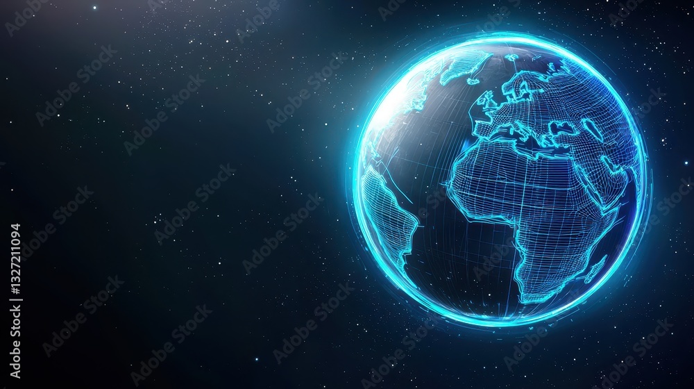 Fototapeta premium Digital globe showing continents with a futuristic blue neon wireframe, floating in space, high-tech and modern aesthetic
