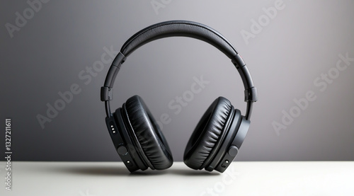 Black over-ear headphones on a white table against a grey background, close-up view