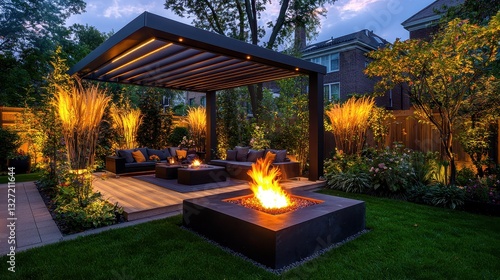 Fototapeta Naklejka Na Ścianę i Meble -  Elegant backyard garden with a pergola, fire pit, and ambient lighting, luxurious outdoor living space