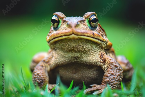 Cane toad resting in a lush green field during a sunny day Generative AI
