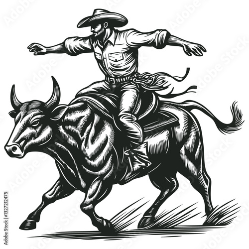 Vector illustration of a rodeo cowboy riding a bucking bull in dynamic black and white style. 