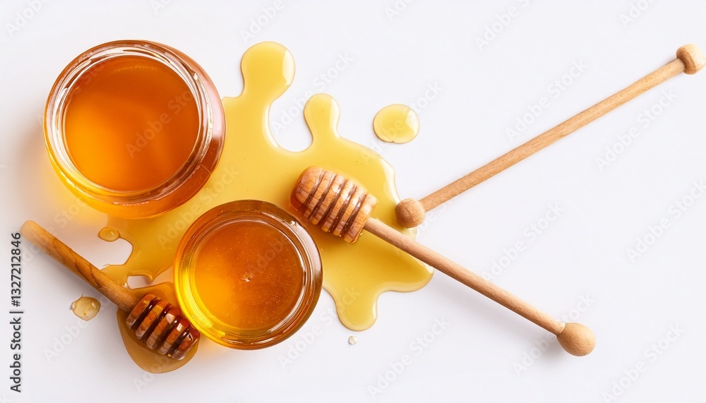 Top View of Honey Jars and Wooden Dippers with Honey Spill, Splash, and Drops Isolated on White Background Top View of Honey Jars and Wooden Dippers with Honey Spill, Splash, and Drops Isolated on White Background