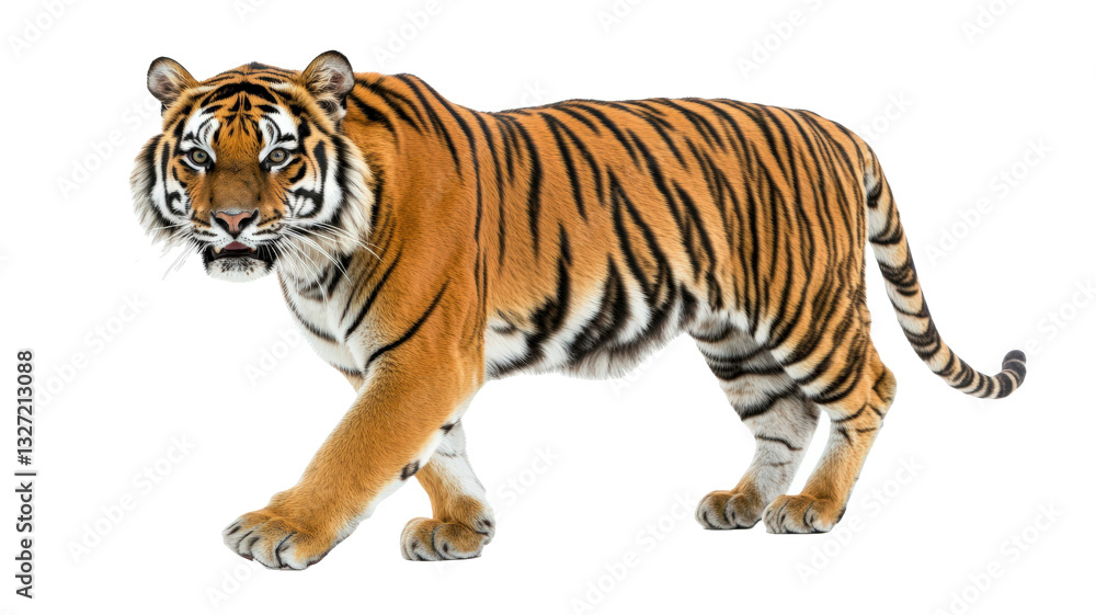 Majestic Tiger Strutting on White Background - Full Body Shot Wildlife Photography no background Majestic Tiger Strutting on White Background - Full Body Shot Wildlife Photography no background