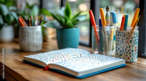 Minimalist Workspace with Colorful Pens and Art Journal. Generative AI