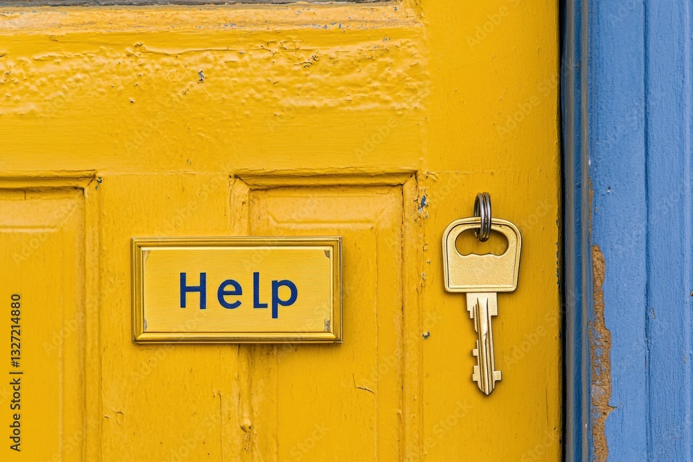 Door with golden key labeled Help inviting assistance and engagement Generative AI Door with golden key labeled Help inviting assistance and engagement Generative AI
