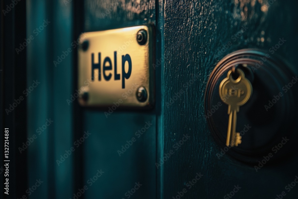 Closed door with golden key displaying help label in dim light Generative AI Closed door with golden key displaying help label in dim light Generative AI