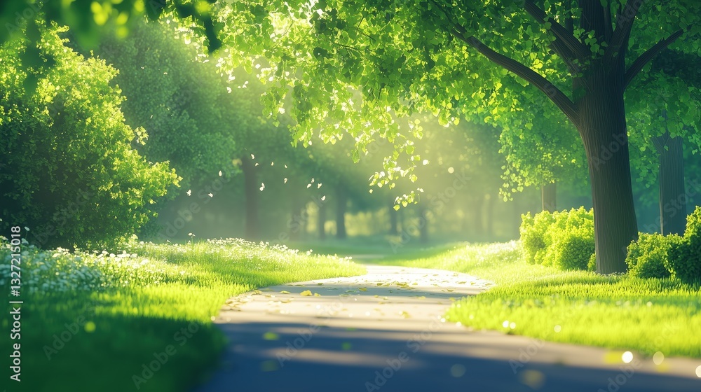 Obraz premium A sunlit forest path surrounded by lush greenery, creating a tranquil and serene environment. Ideal for nature, wellness, or relaxation-themed projects