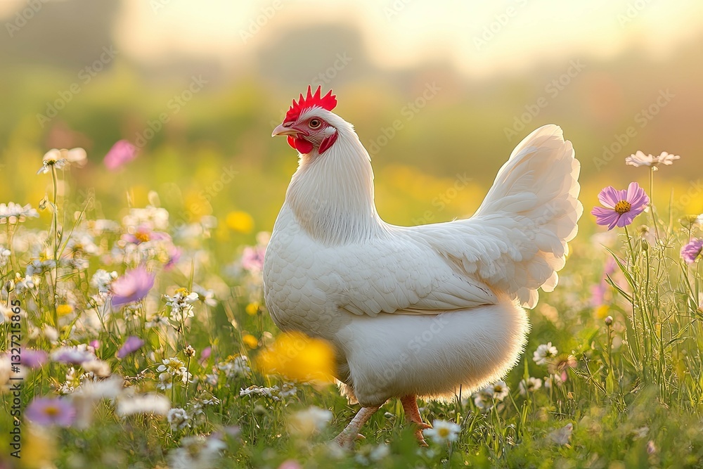 A white hen walks in a vibrant field of wildflowers A white hen walks in a vibrant field of wildflowers