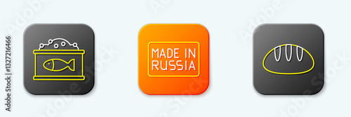 Set line Tin can with caviar, Made Russia and Bread loaf icon. Vector