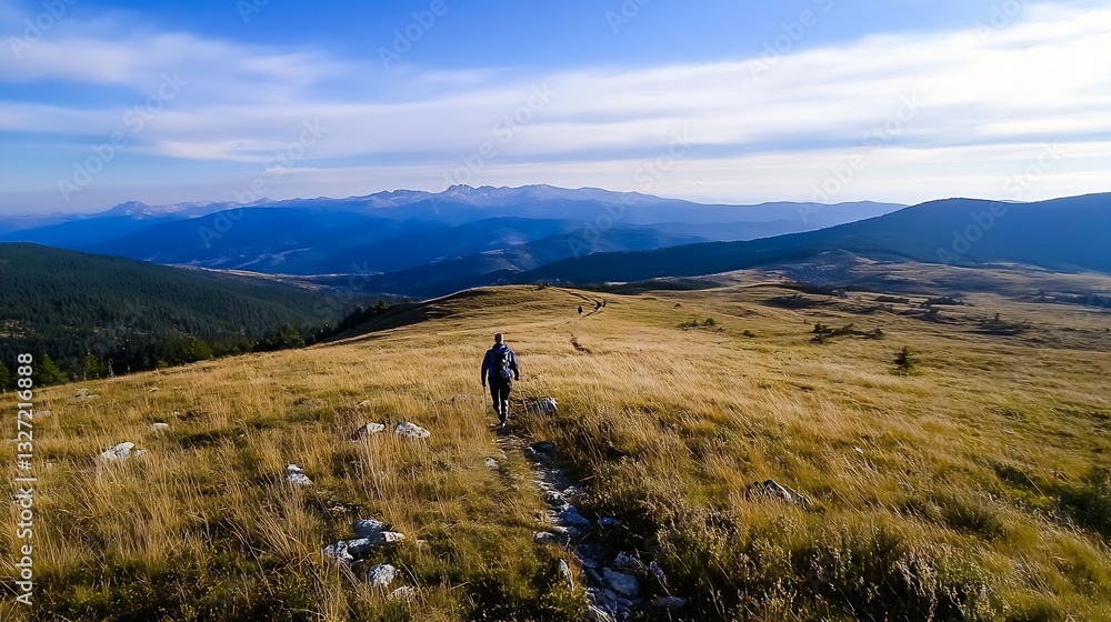 Obraz premium Hiker trekking through golden grass on a beautiful mountain landscape in nature : Generative AI