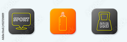 Set line Location gym, Punching bag and Weight icon. Vector