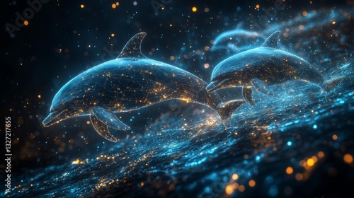Futuristic dolphins swimming through digital ocean network connectivity concept. Generative AI