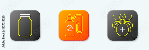 Set line Glass jar, Pressure sprayer and Spider icon. Vector
