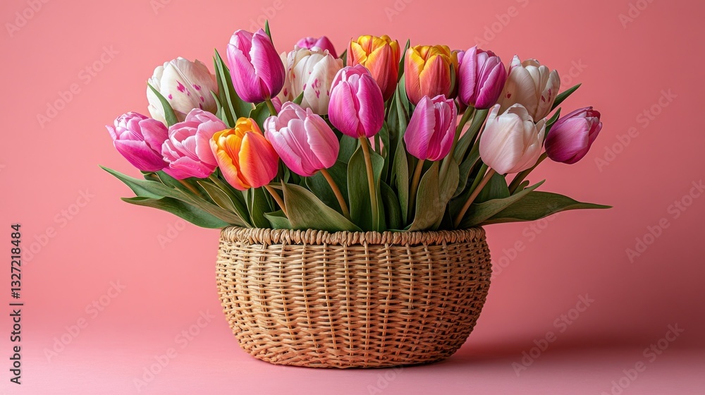 Obraz premium Colorful tulips in a woven basket
