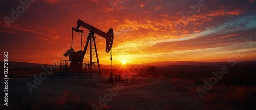 Oil Pump Silhouette at Sunset: A fiery spectacle of energy extraction against a breathtaking landscape.