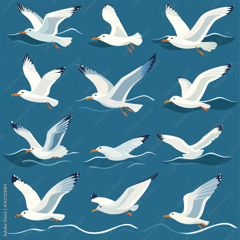 Soaring Symphony: An orchestrated portrayal of seagulls, captured mid-flight above the ocean's gentle expanse. A mesmerizing ballet in shades of blue and white. Soaring Symphony: An orchestrated portrayal of seagulls, captured mid-flight above the ocean's gentle expanse. A mesmerizing ballet in shades of blue and white.