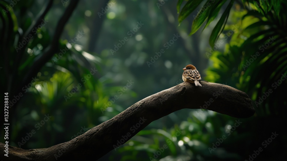 Sparrow perched on branch in lush jungle Sparrow perched on branch in lush jungle