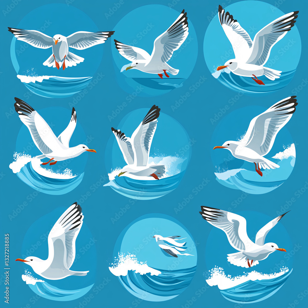 Soaring Seagulls: A captivating illustration showcases seagulls in various dynamic flight poses above the ocean, each one a perfect embodiment of freedom, agility, and the spirit of the open sea. Soaring Seagulls: A captivating illustration showcases seagulls in various dynamic flight poses above the ocean, each one a perfect embodiment of freedom, agility, and the spirit of the open sea.