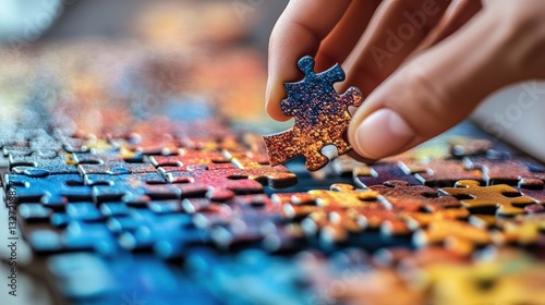 Hand placing jigsaw puzzle piece; colorful background; focus on completion; for education, relaxation, and mindfulness