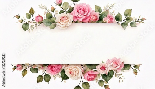 A delicate botanical frame featuring soft pink and white roses with a gentle watercolor