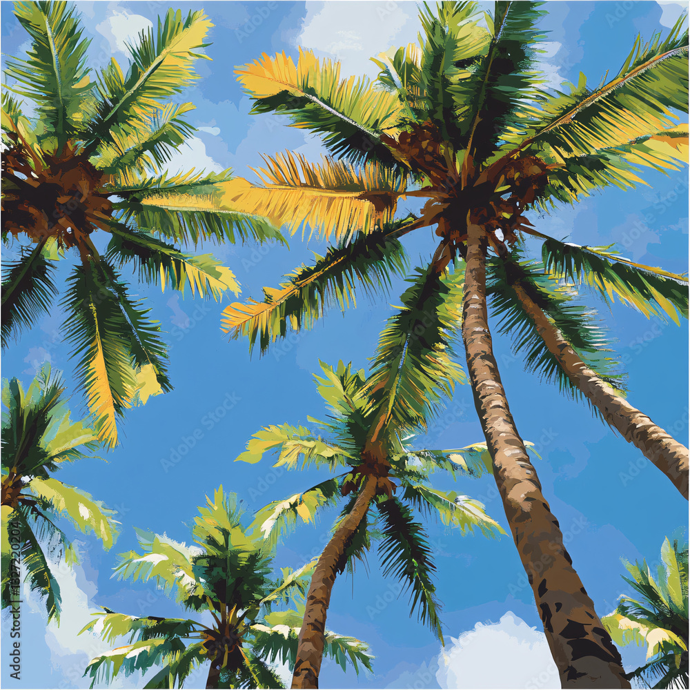 Naklejka premium Tropical Paradise: A low-angle shot of vibrant palm trees reaching towards a bright blue sky, creating a sense of serenity and the feeling of the beach.