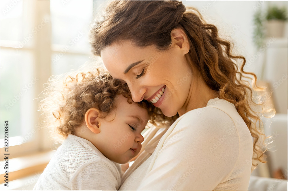 Loving Mother Embracing Cherished Child in Soft Natural Light with Joyful Expressions in Cozy Indoor Setting Loving Mother Embracing Cherished Child in Soft Natural Light with Joyful Expressions in Cozy Indoor Setting