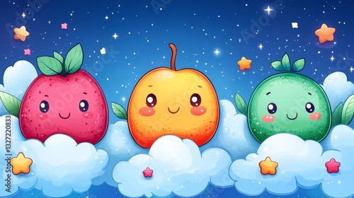 Cute and Cheerful Fruits Floating on Clouds with Sparkling Stars. Generative AI