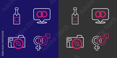 Set line Gender, Photo camera, Wedding rings and Champagne bottle icon. Vector