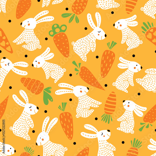 Cute rabbits and carrots. Seamless template can be used for wallpapers, fill templates, web pages backgrounds, surface textures